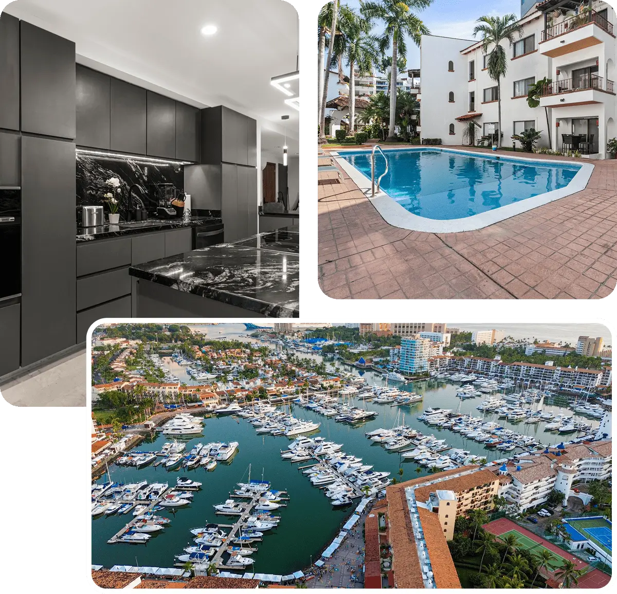 Modern kitchen, swimming pool, and marina view.